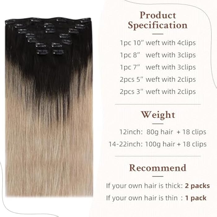ECIF Blonde Extensions 14 Inch Clip in Hair Extensions Human Hair Color 1B Off Black Fading to 18 Ash Blonde 120 Gram Human Hair Extensions 7Pcs Clip in Human Hair for Women - Image 2